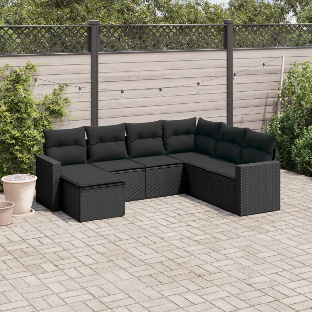 7 Pcs conjunto de sofás p/ jardim c/ almofadões vime PE preto