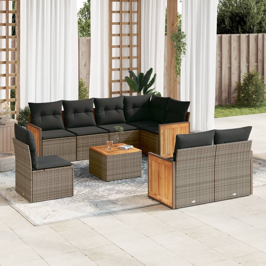 Conjunto de sofá de jardim de 9 peças com almofadas em rattan sintético cinza