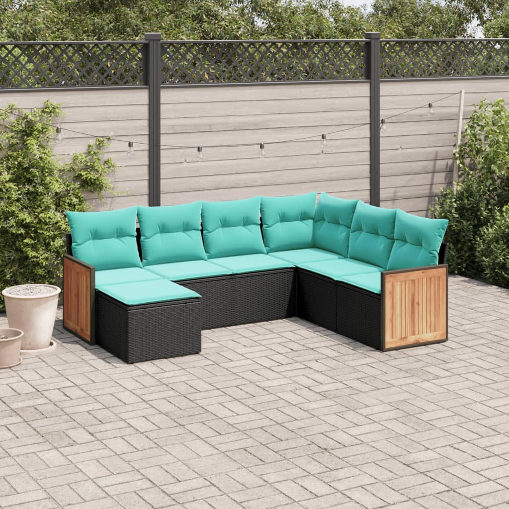 Conjunto de sofá de jardim com 7 peças e almofadas em rattan sintético preto