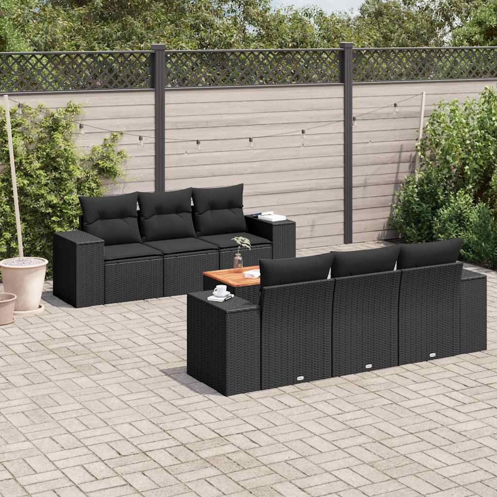 7 Pcs conjunto de sofás p/ jardim c/ almofadões vime PE preto