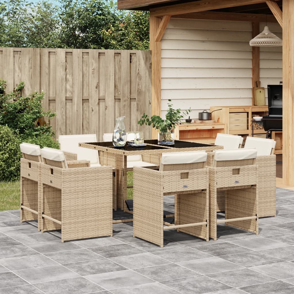 9 Pcs conjunto de jantar p/ jardim com almofadões vime PE bege