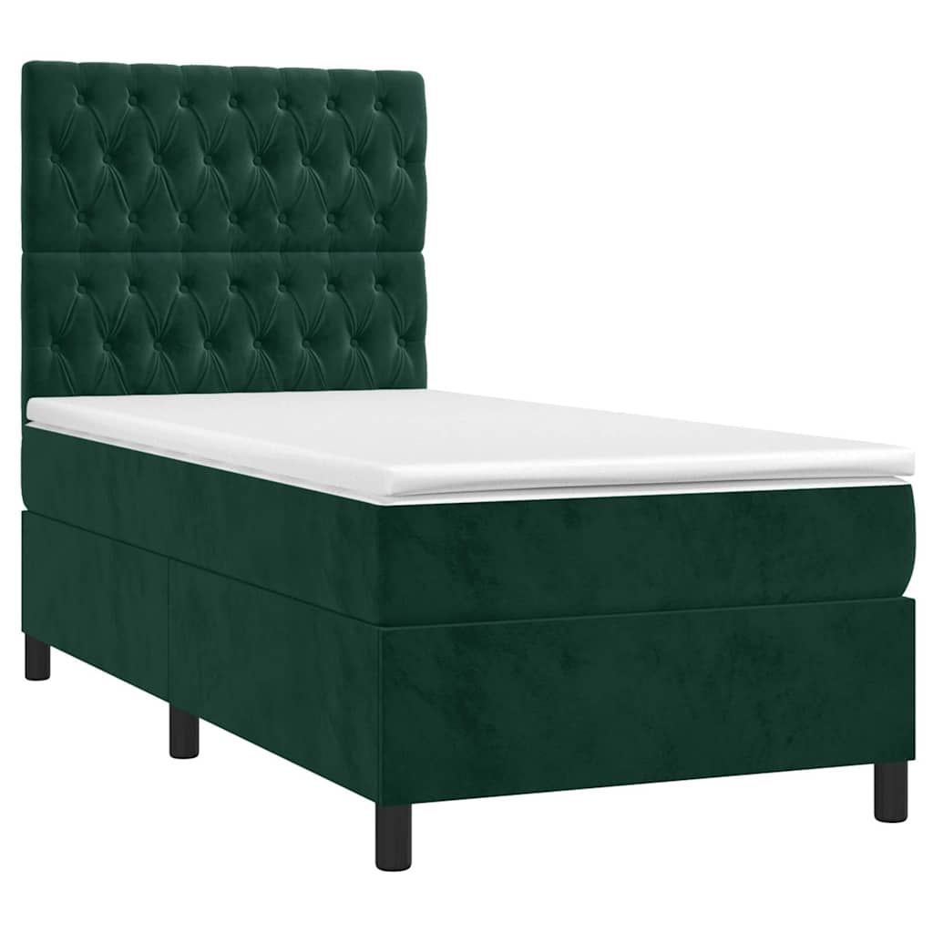 Cama box spring c/ colchão/LED 90x190 cm veludo verde-escuro