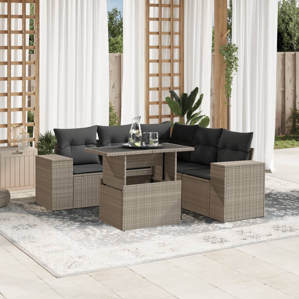 6 Pcs conj. sofás jardim com almofadões vime PE cinzento-claro
