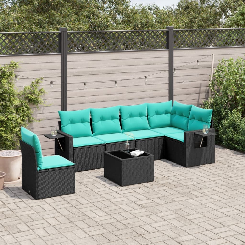 Conjunto de sofá de jardim com 7 peças e almofadas em rattan sintético preto