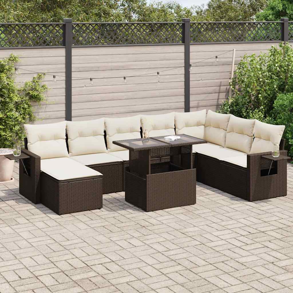 9 Pcs conjunto sofás p/ jardim c/ almofadões vime PE castanho
