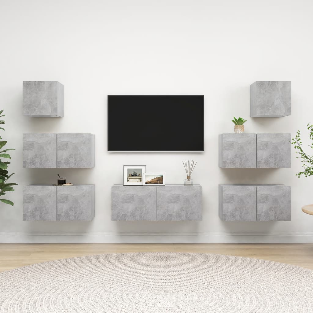 7 Pcs conjunto de móveis de TV derivados madeira cinza cimento