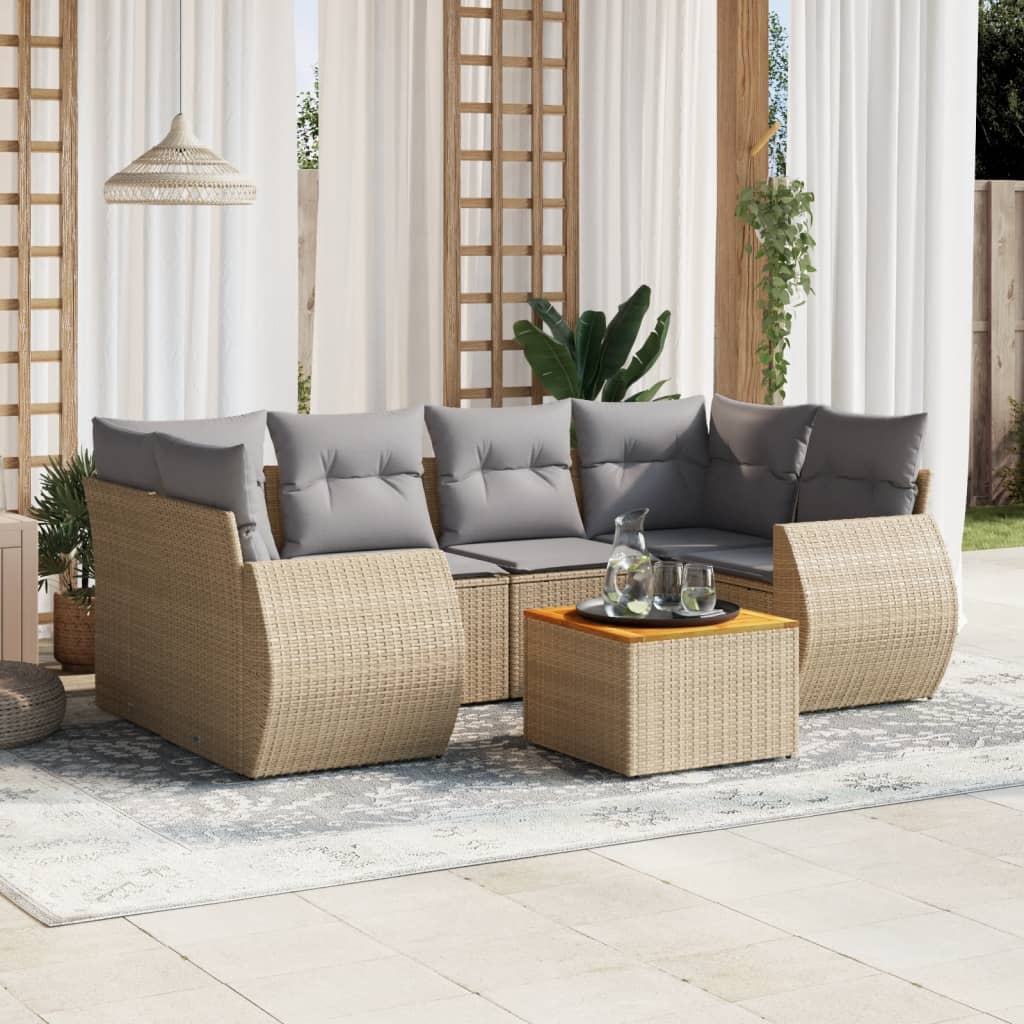 7 Pcs conjunto de sofás p/ jardim com almofadões vime PE bege