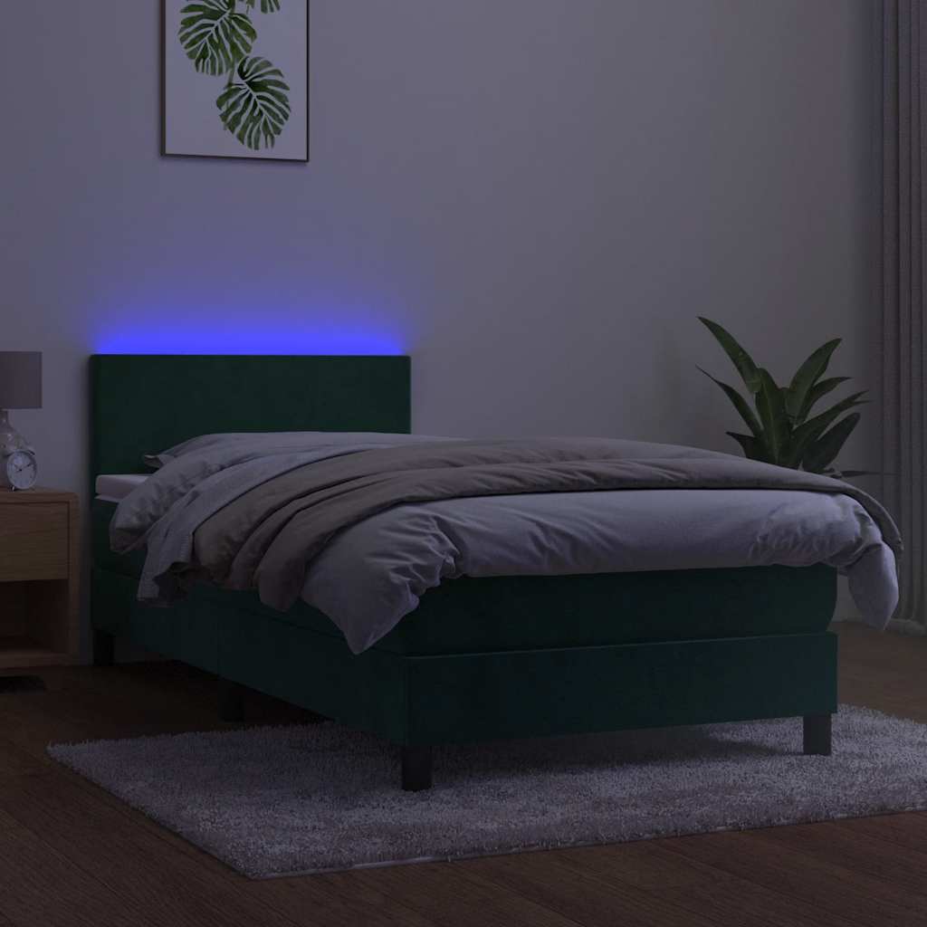 Cama box spring c/ colchão/LED 90x190 cm veludo verde-escuro