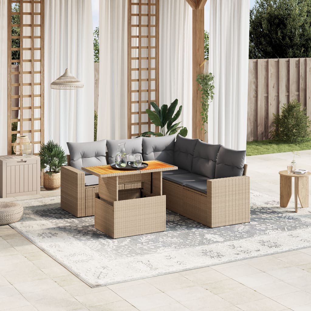 6 Pcs conjunto de sofás p/ jardim com almofadões vime PE bege