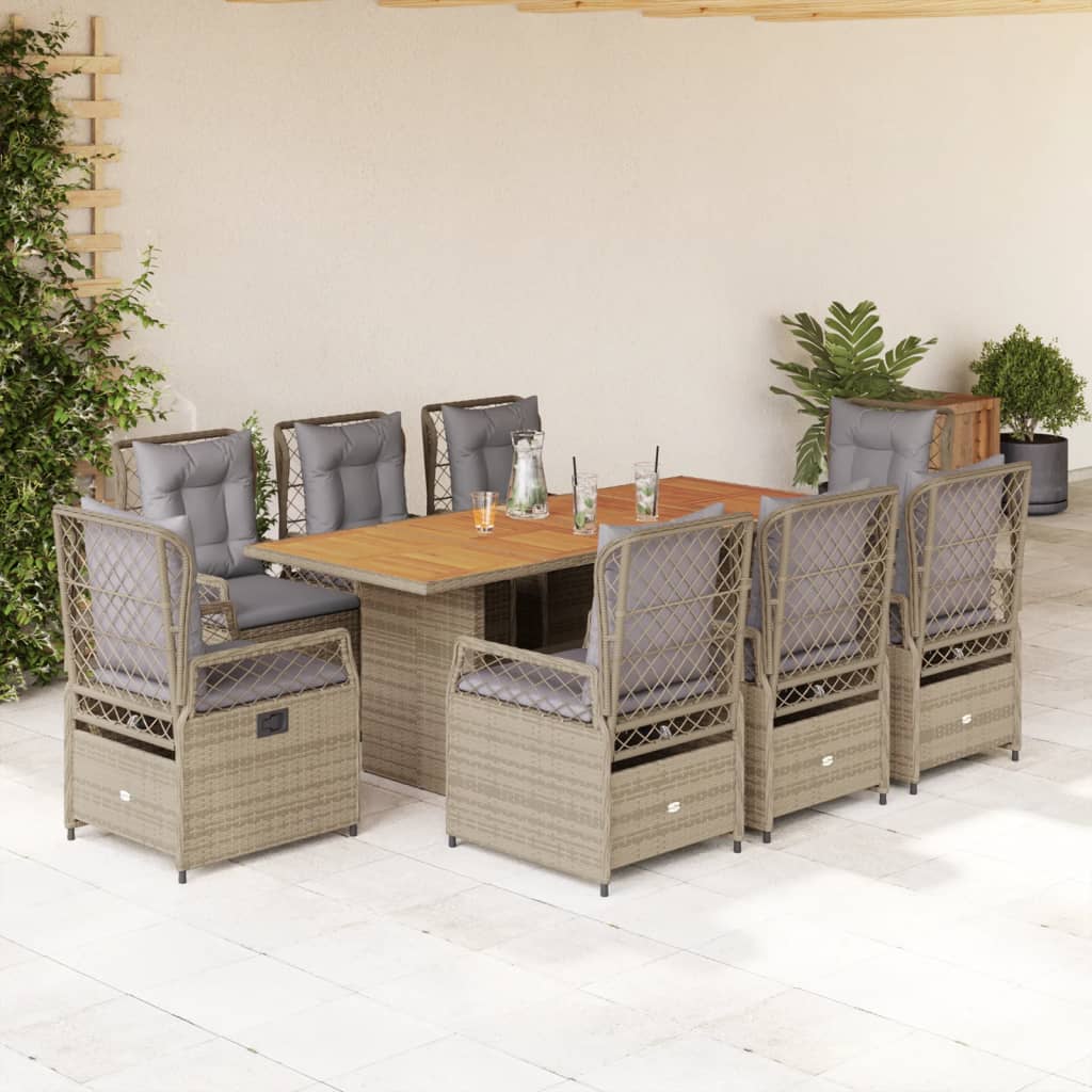 9 Pcs conjunto de jantar p/ jardim com almofadões vime PE bege