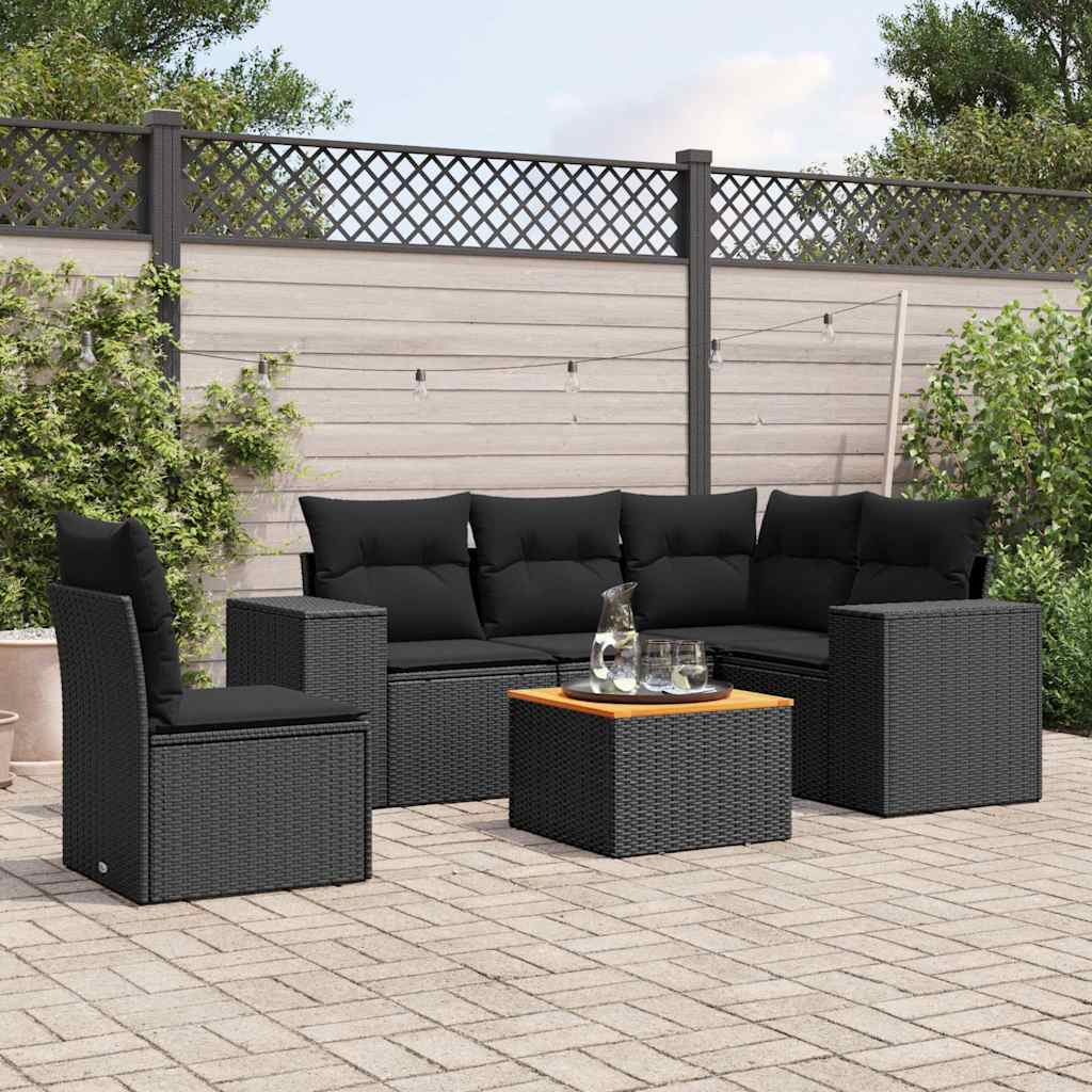 6 Pcs conjunto sofás de jardim c/ almofadões vime PE preto