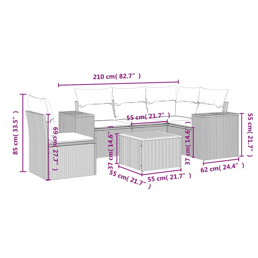 6 Pcs conjunto sofás de jardim c/ almofadões vime PE preto