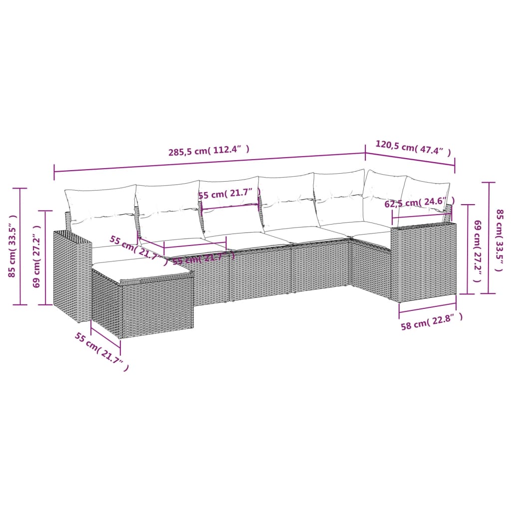 7 Pcs conjunto sofás p/ jardim c/ almofadões vime PE cinzento