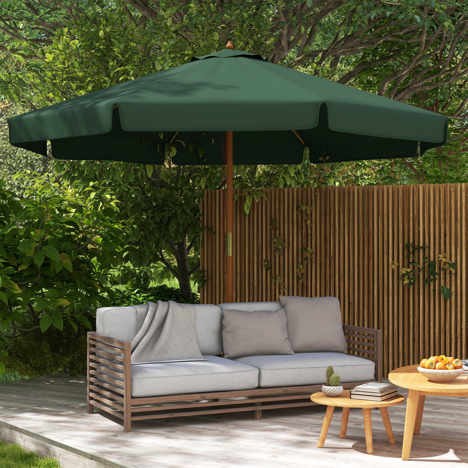 Chapéu de sol de jardim ø325x250 cm chapéu de sol de madeira com sistema de polea e 8 hastes de bambú verde