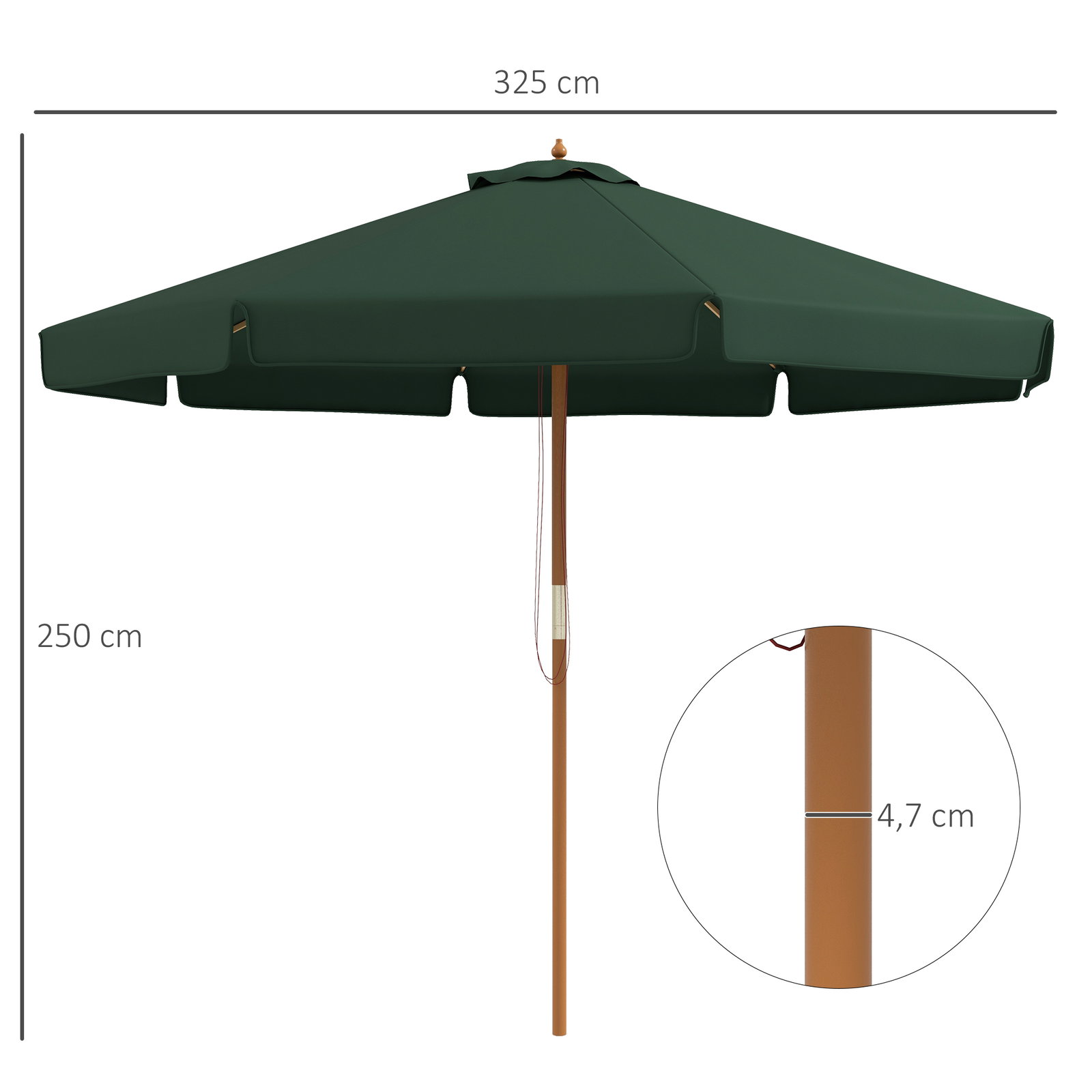 Chapéu de sol de jardim ø325x250 cm chapéu de sol de madeira com sistema de polea e 8 hastes de bambú verde