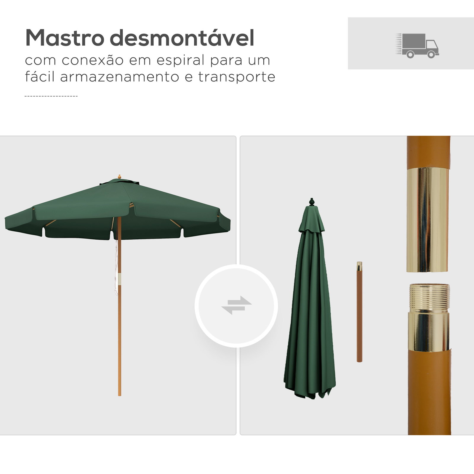 Chapéu de sol de jardim ø325x250 cm chapéu de sol de madeira com sistema de polea e 8 hastes de bambú verde