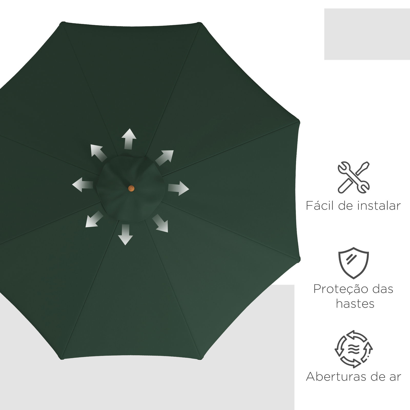 Chapéu de sol de jardim ø325x250 cm chapéu de sol de madeira com sistema de polea e 8 hastes de bambú verde
