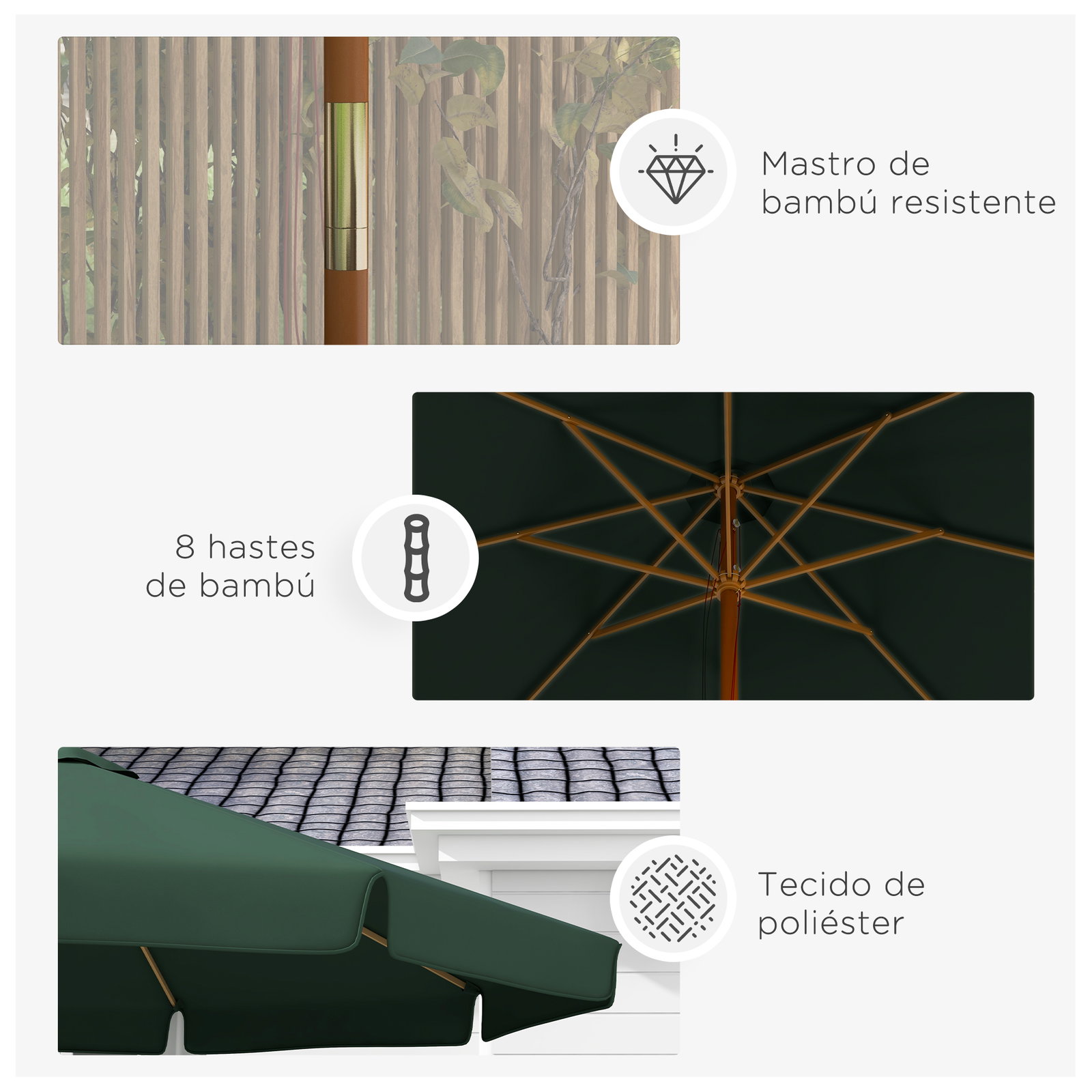 Chapéu de sol de jardim ø325x250 cm chapéu de sol de madeira com sistema de polea e 8 hastes de bambú verde