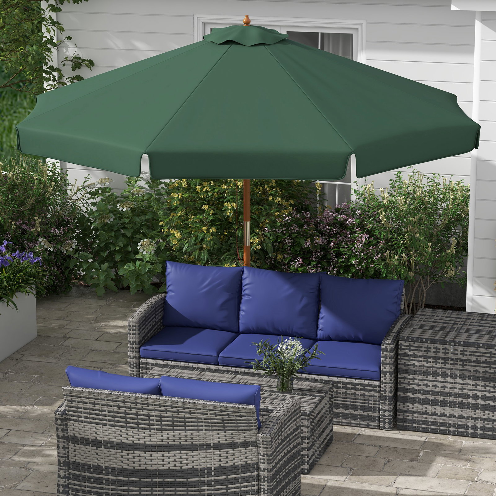 Chapéu de sol de jardim ø325x250 cm chapéu de sol de madeira com sistema de polea e 8 hastes de bambú verde