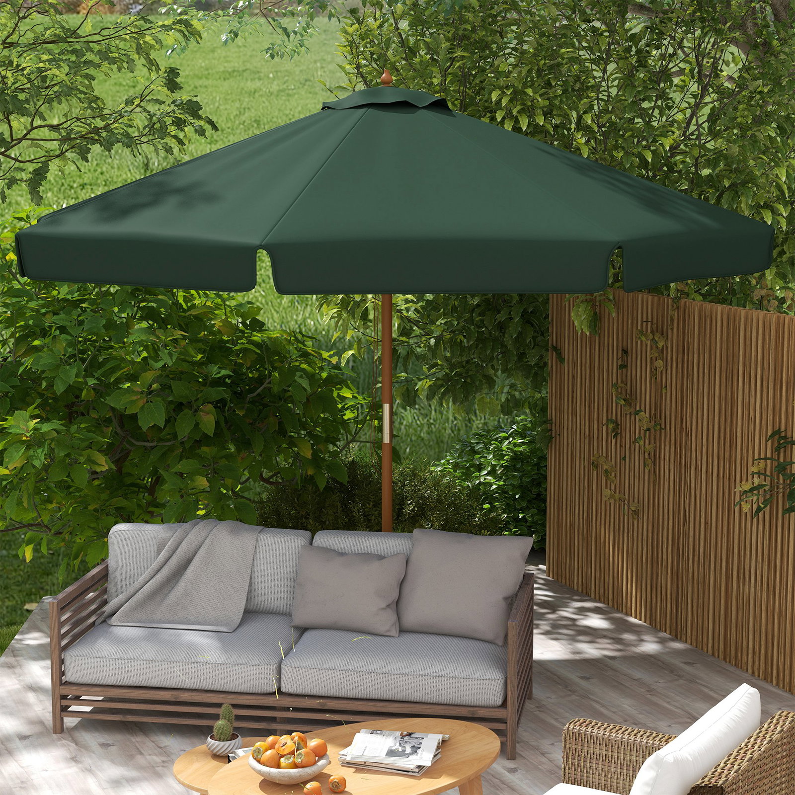 Chapéu de sol de jardim ø325x250 cm chapéu de sol de madeira com sistema de polea e 8 hastes de bambú verde