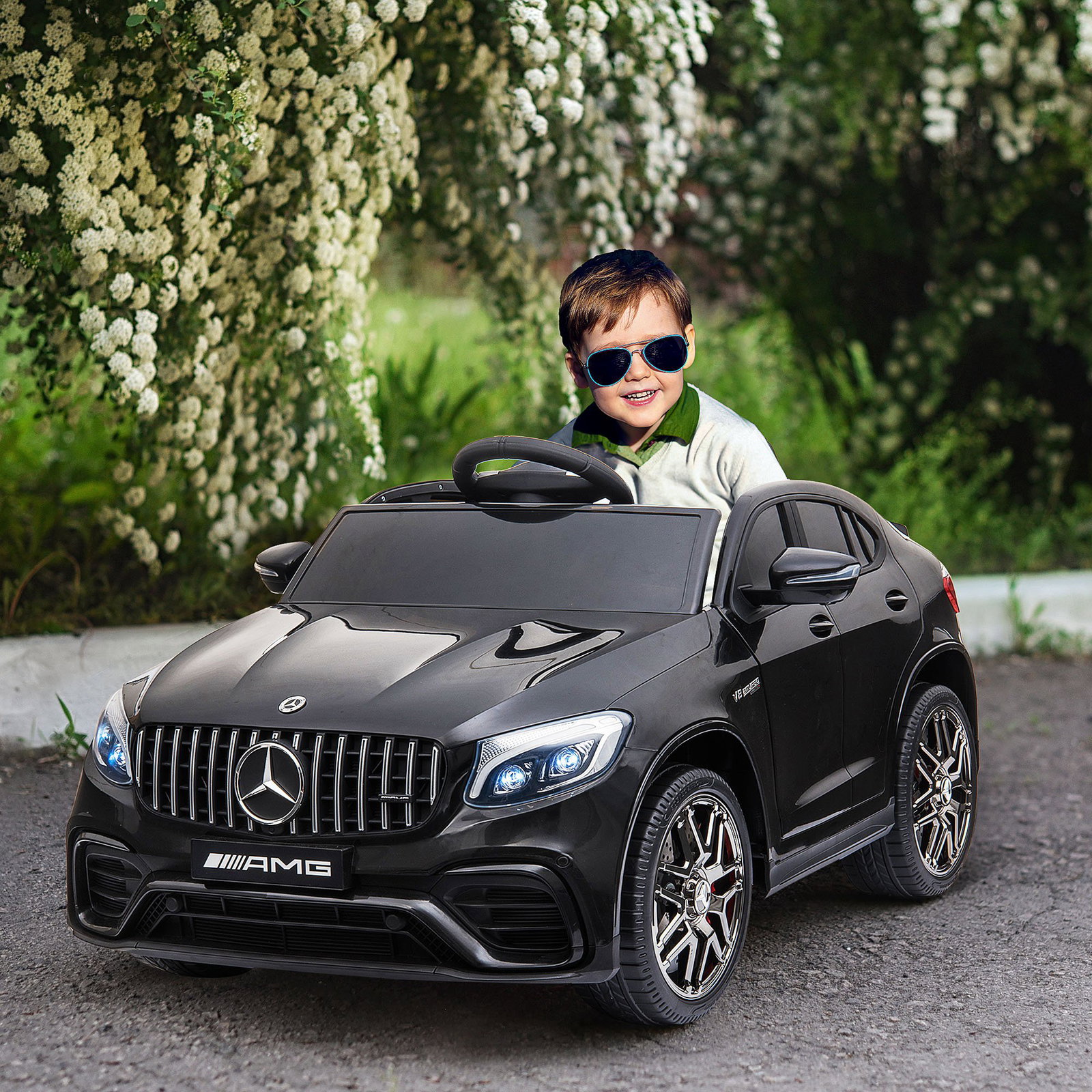 Carro elétrico mercedes amg 12v para crianças de 3-5 anos com controle remoto música luzes abertura da porta 115x70x55cm preto