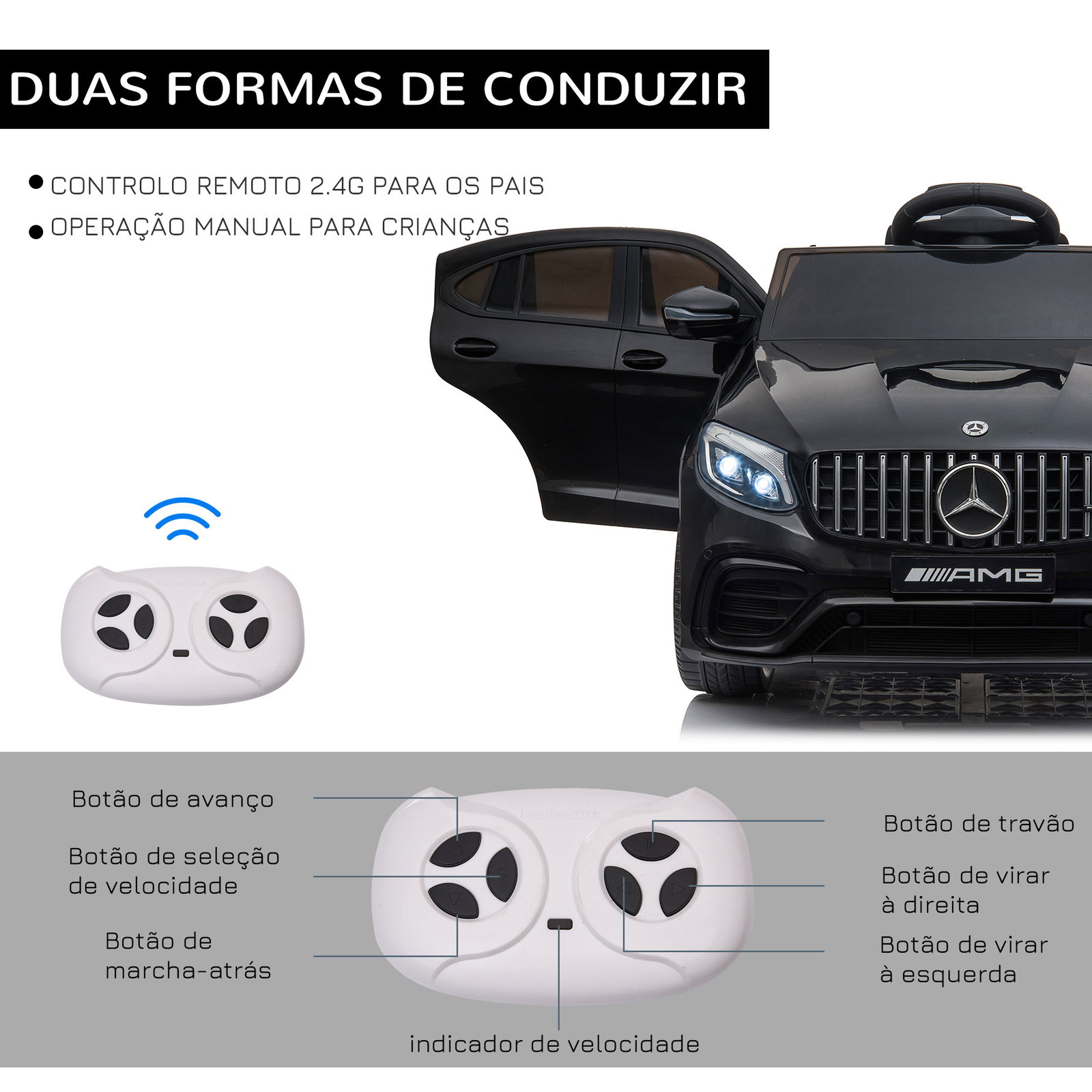 Carro elétrico mercedes amg 12v para crianças de 3-5 anos com controle remoto música luzes abertura da porta 115x70x55cm preto