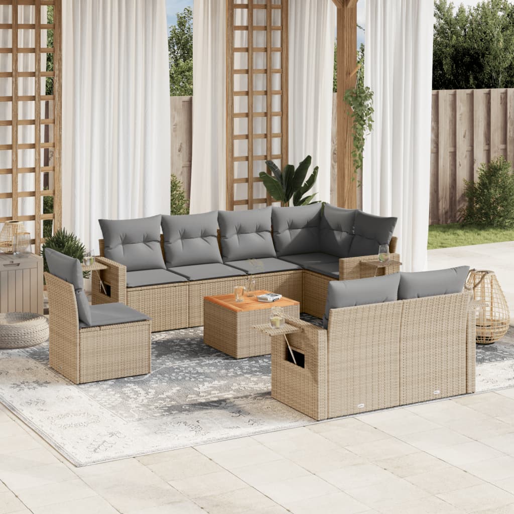 9 Pcs conjunto de sofás p/ jardim com almofadões vime PE bege