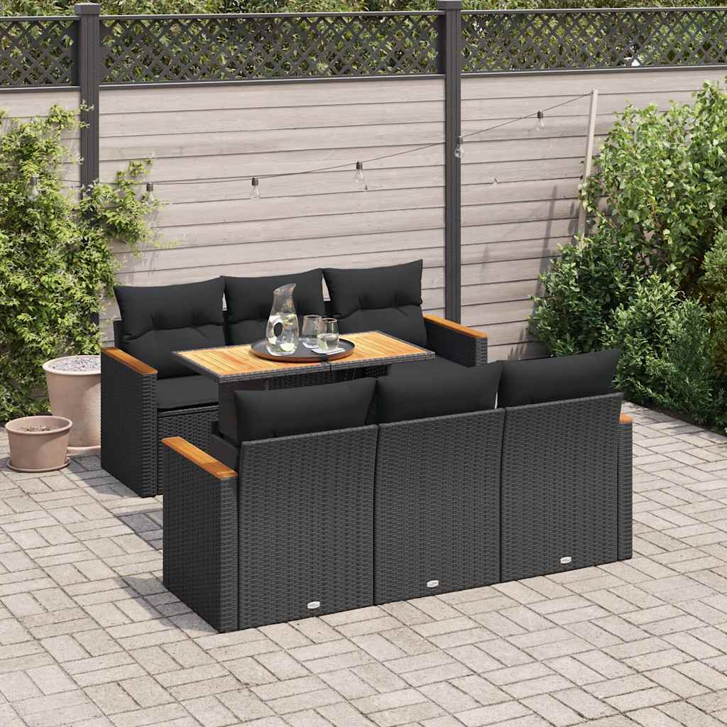 7 Pcs conjunto sofás jardim c/ almofadões vime PE/acácia preto