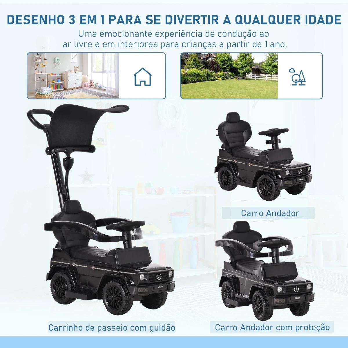 Carro de Passeio Carro Andador para Crianças acima de 12 Meses Mercedes G350 com Buzina Capô Removível Encosto e Suporte de Prot