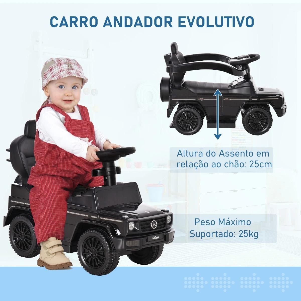 Carro de Passeio Carro Andador para Crianças acima de 12 Meses Mercedes G350 com Buzina Capô Removível Encosto e Suporte de Prot
