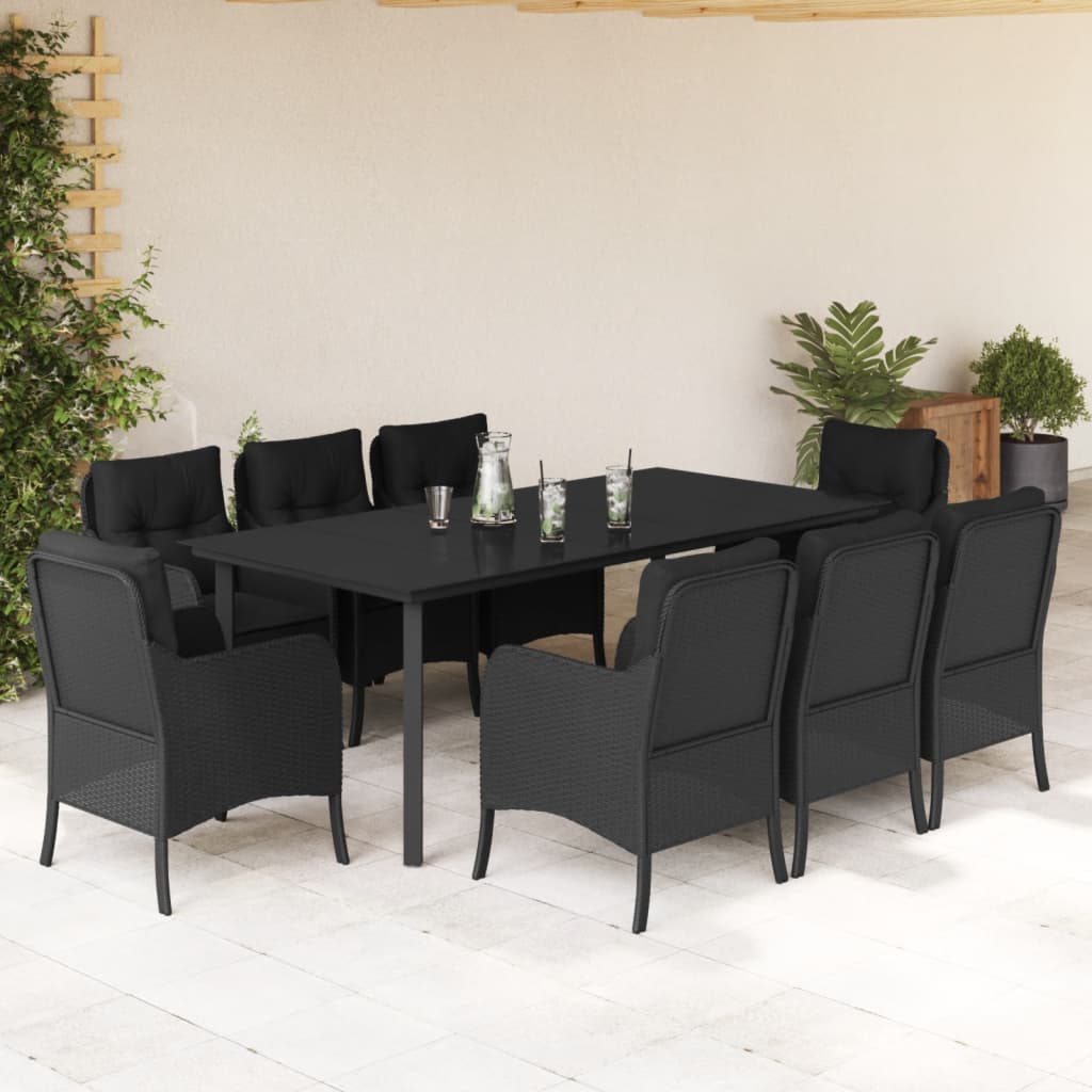 9 Pcs conjunto de jantar p/ jardim c/ almofadões vime PE preto
