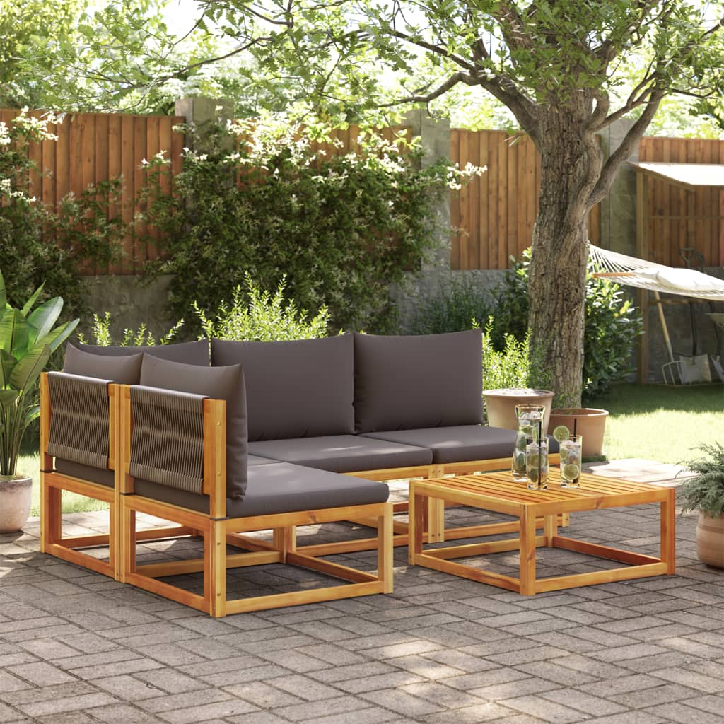 Conjunto de sofás de jardim de 5 peças com almofadas de madeira de acácia e corda