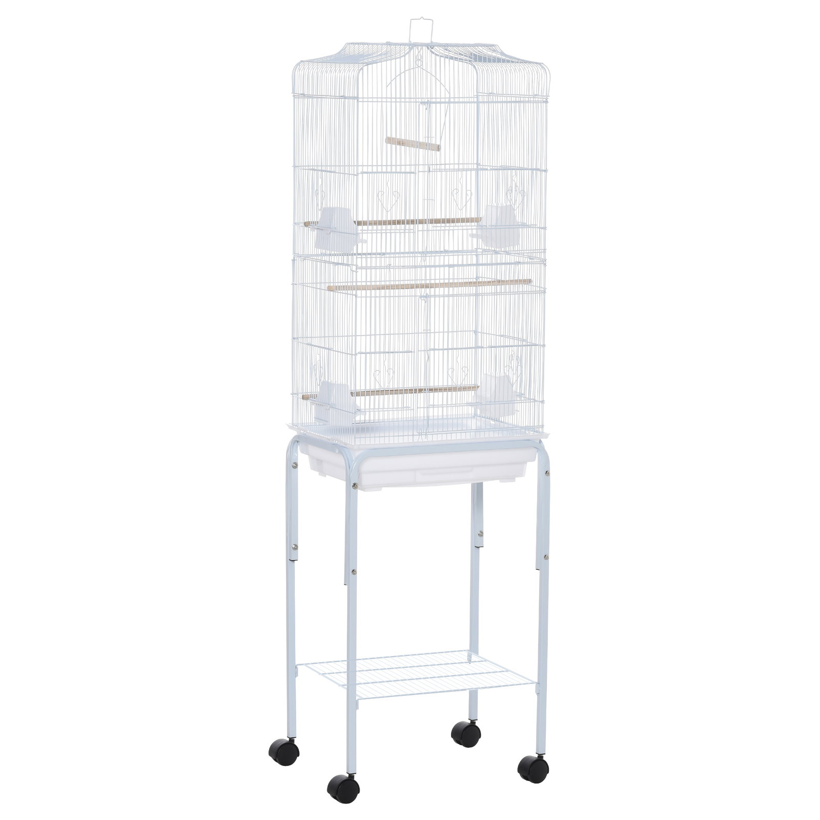 Gaiola para passáros com suporte com 4 rodas portas 4 comedouros 3 poleiros e bandeja removível 46,5x36x157cm branco