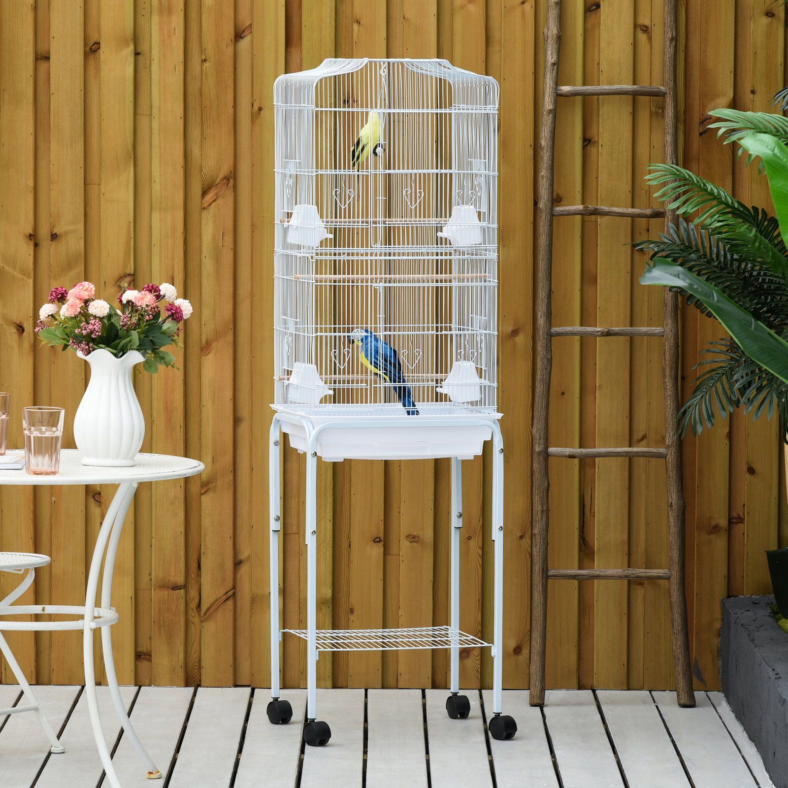 Gaiola para passáros com suporte com 4 rodas portas 4 comedouros 3 poleiros e bandeja removível 46,5x36x157cm branco
