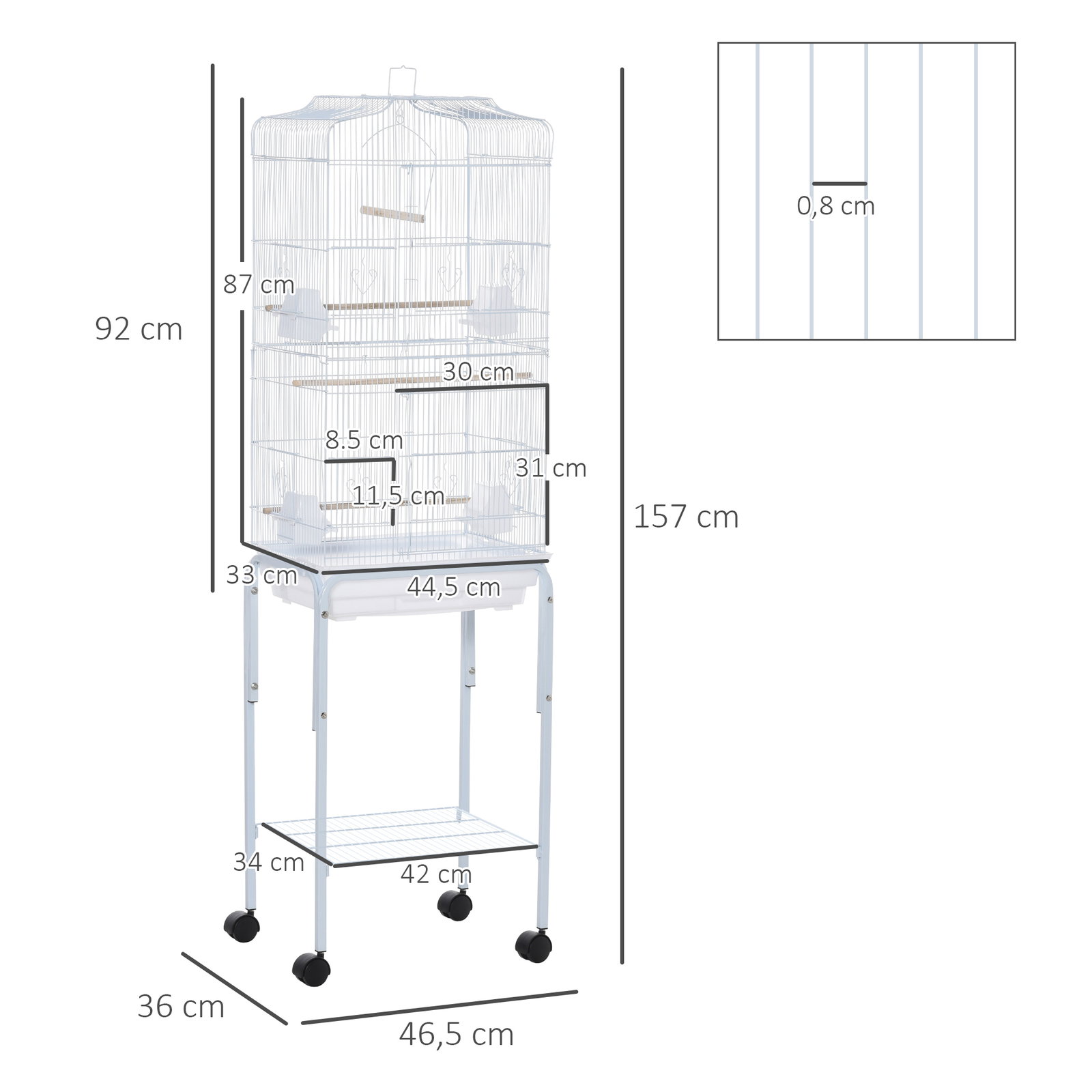 Gaiola para passáros com suporte com 4 rodas portas 4 comedouros 3 poleiros e bandeja removível 46,5x36x157cm branco