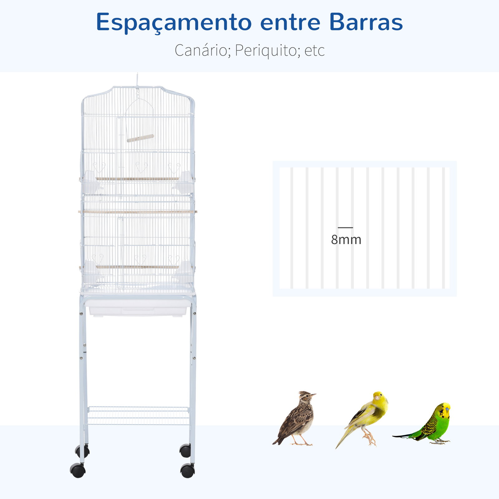 Gaiola para passáros com suporte com 4 rodas portas 4 comedouros 3 poleiros e bandeja removível 46,5x36x157cm branco