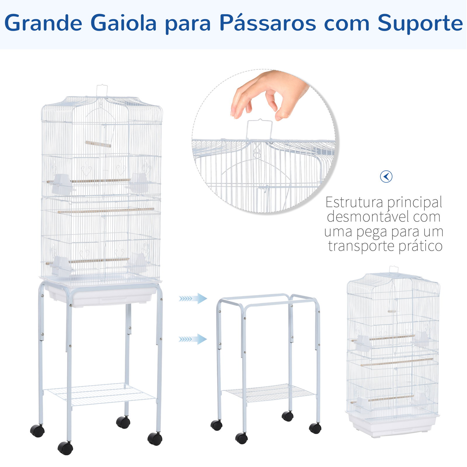 Gaiola para passáros com suporte com 4 rodas portas 4 comedouros 3 poleiros e bandeja removível 46,5x36x157cm branco