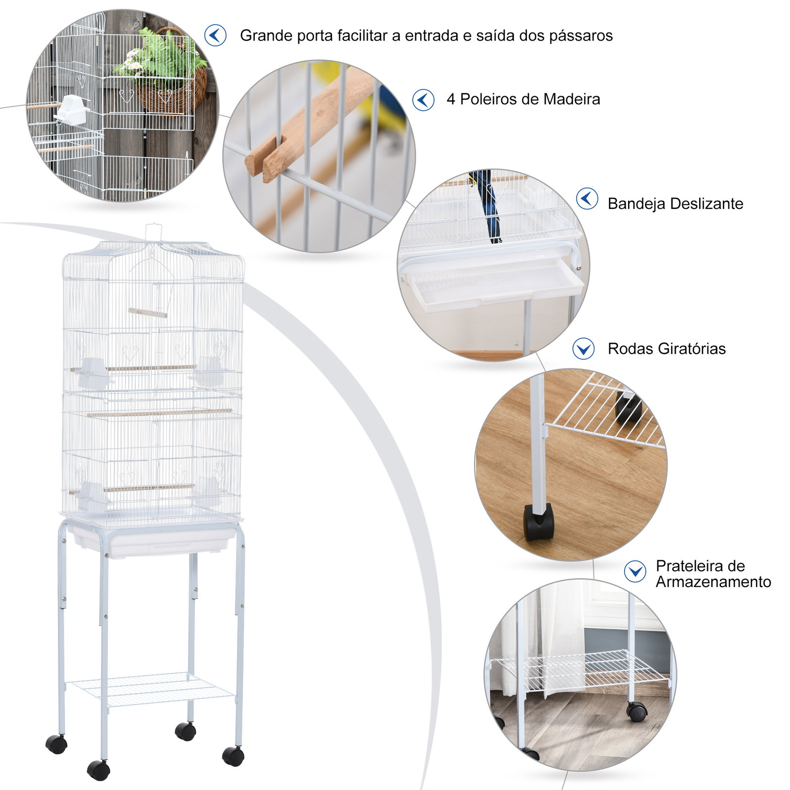 Gaiola para passáros com suporte com 4 rodas portas 4 comedouros 3 poleiros e bandeja removível 46,5x36x157cm branco