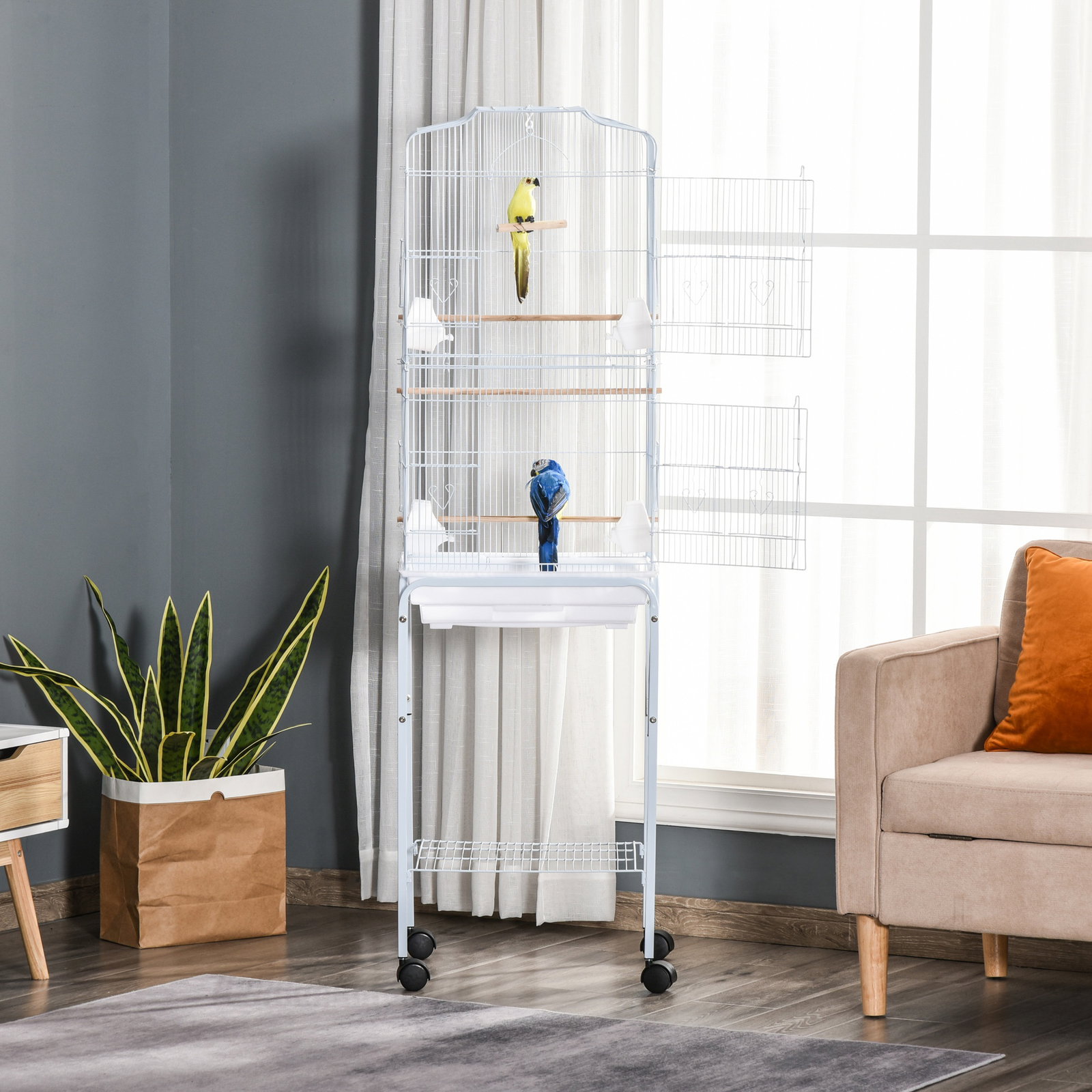 Gaiola para passáros com suporte com 4 rodas portas 4 comedouros 3 poleiros e bandeja removível 46,5x36x157cm branco
