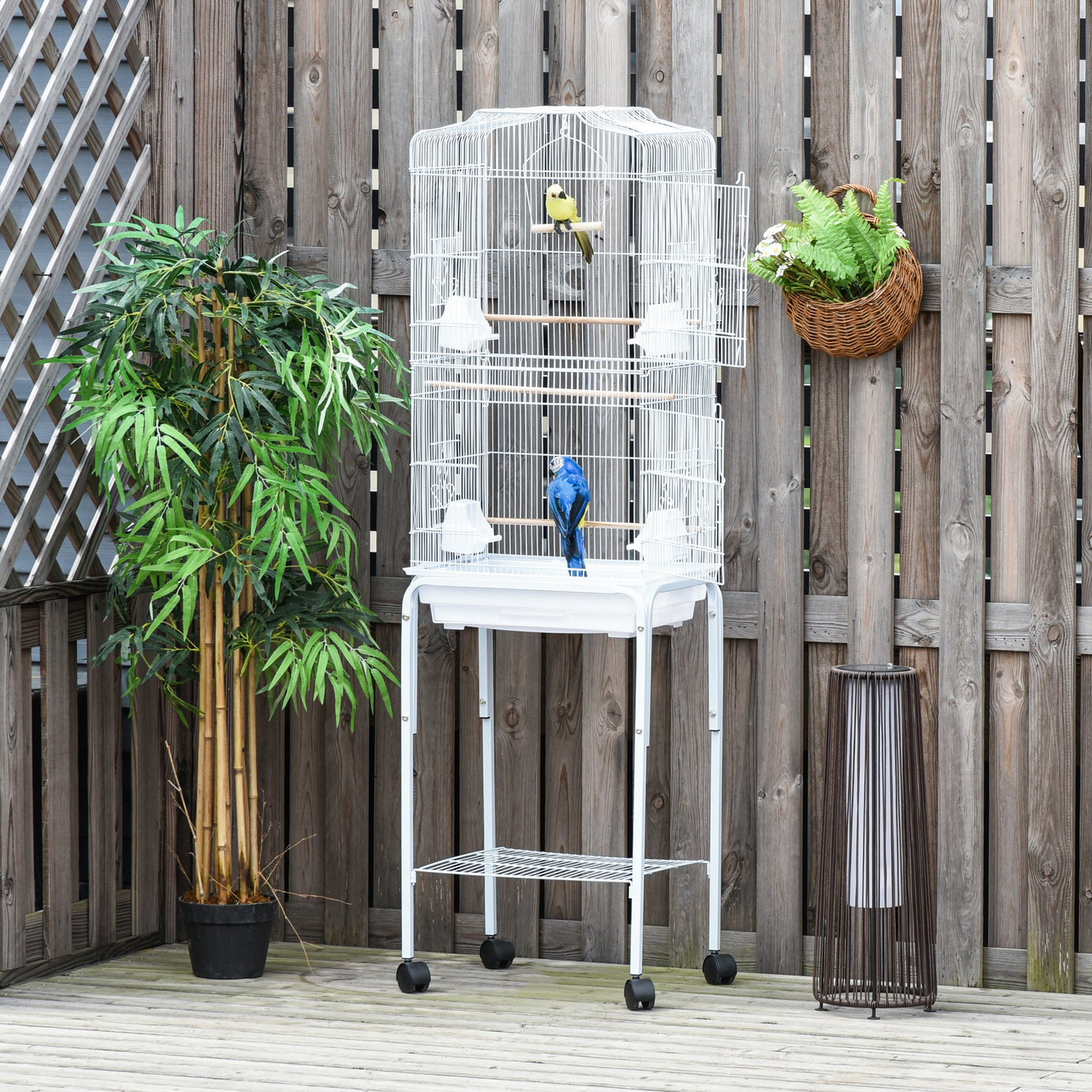 Gaiola para passáros com suporte com 4 rodas portas 4 comedouros 3 poleiros e bandeja removível 46,5x36x157cm branco
