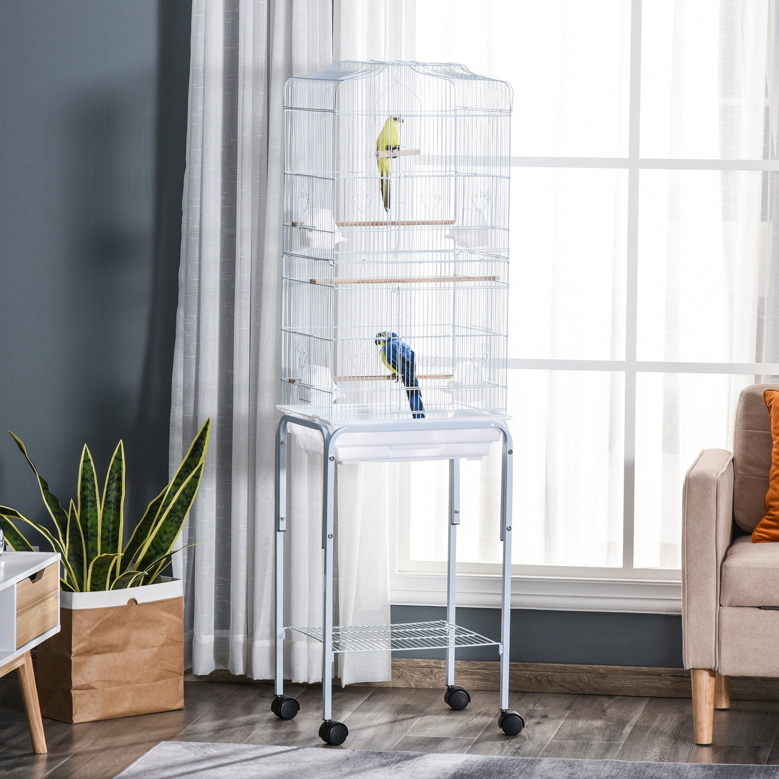 Gaiola para passáros com suporte com 4 rodas portas 4 comedouros 3 poleiros e bandeja removível 46,5x36x157cm branco