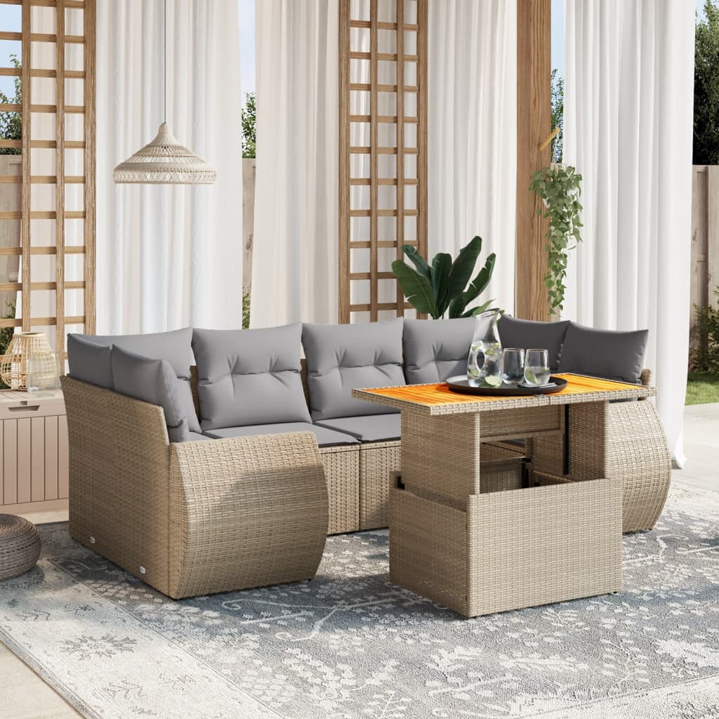 7 Pcs conjunto de sofás p/ jardim com almofadões vime PE bege