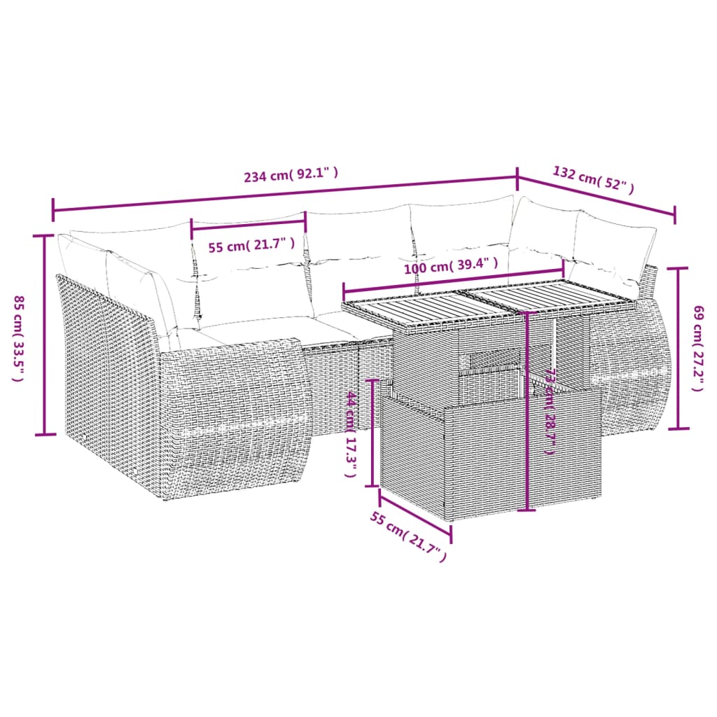 7 Pcs conjunto de sofás p/ jardim com almofadões vime PE bege