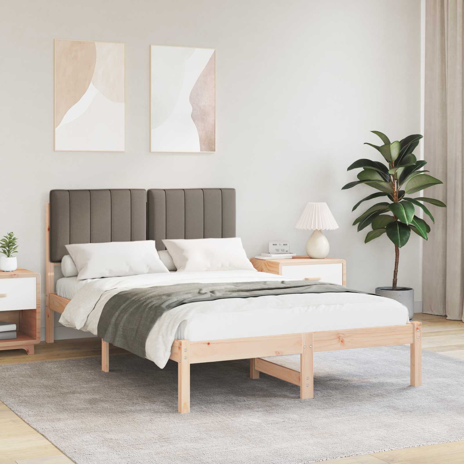 Estrutura de cama com cabeceira estofada cinzento-acastanhado