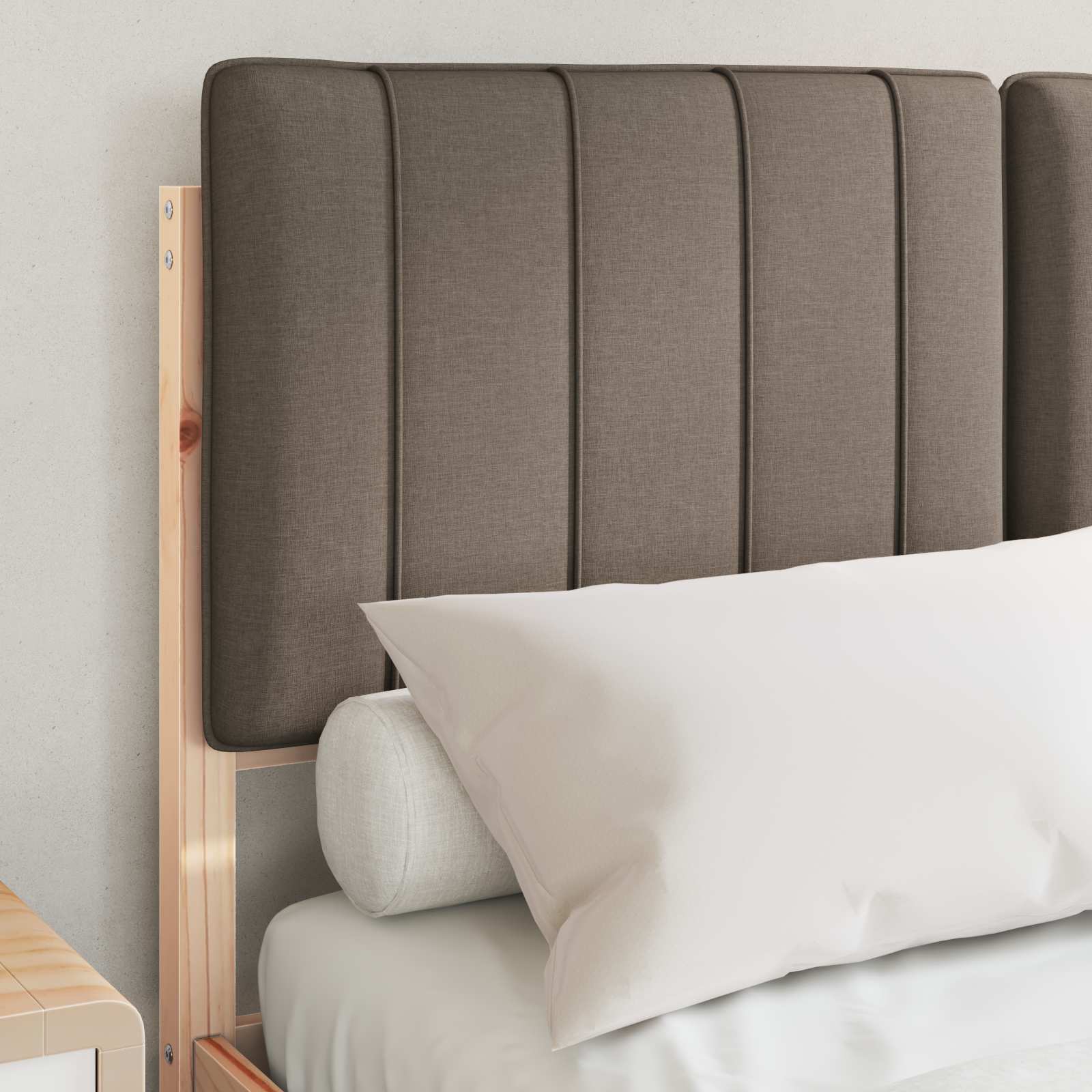 Estrutura de cama com cabeceira estofada cinzento-acastanhado
