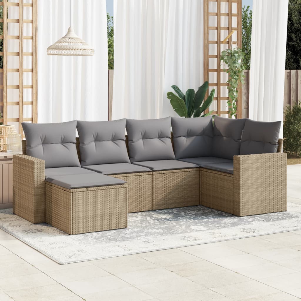 6 Pcs conjunto de sofás p/ jardim com almofadões vime PE bege