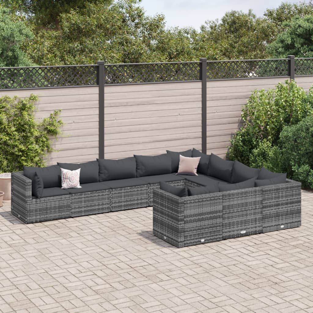 10 Pcs conjunto sofás de jardim c/ almofadões vime PE cinzento