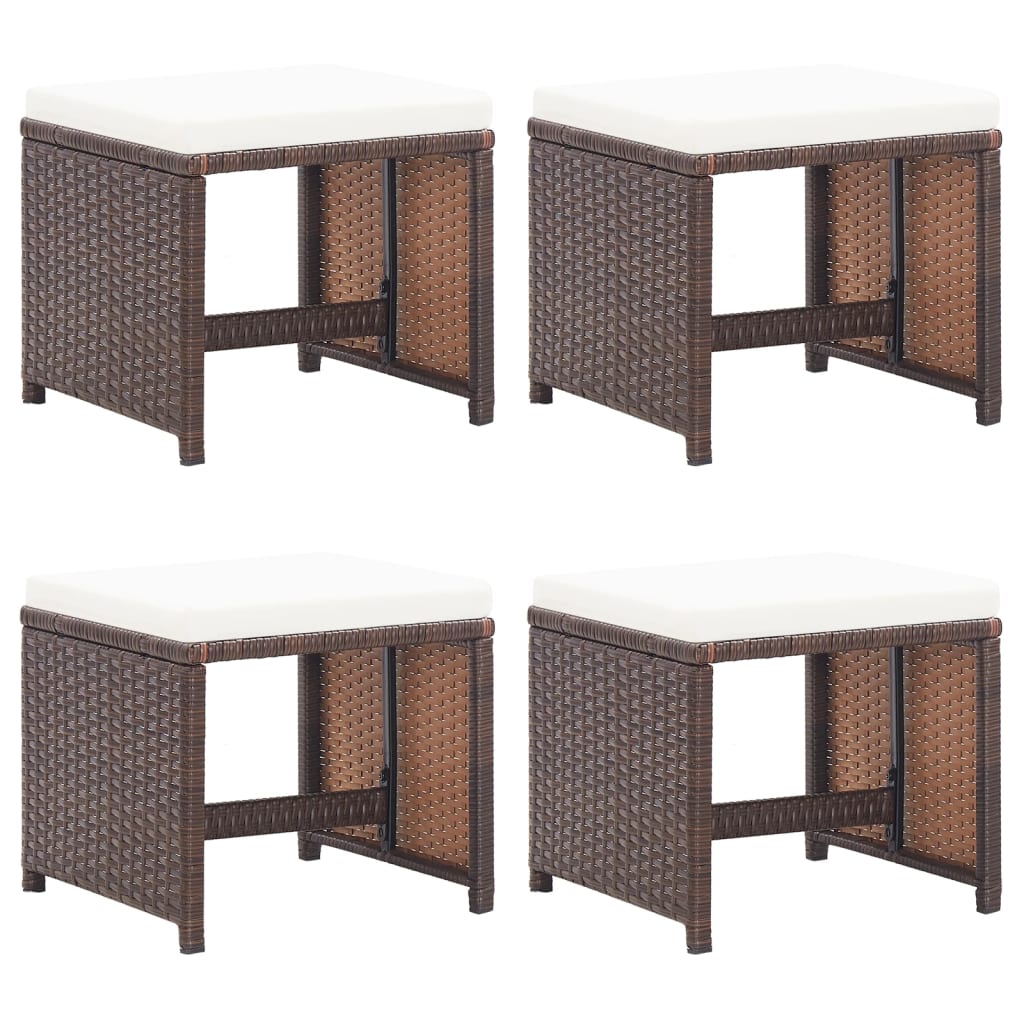 Bancos de jardim 4 pcs com almofadões vime PE castanho