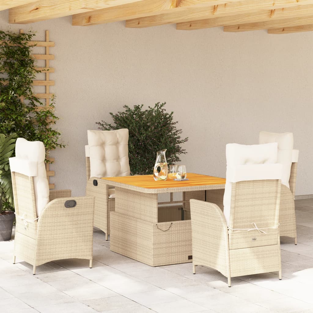 5 Pcs conjunto de jantar p/ jardim com almofadões vime PE bege