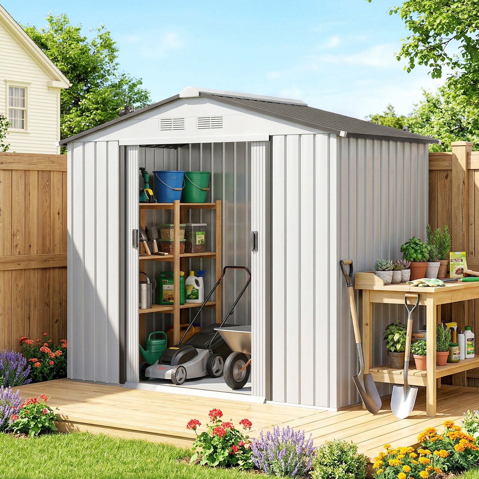 Abrigo de Jardim 213x130x185cm Abrigo de Jardim Metálico de Exterior com 2 Portas Deslizantes e 4 Janelas Branco e Cinza